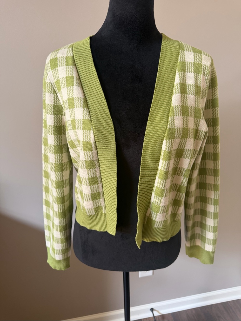 Lulus Cream & Green Check Knit Open Front Cardigan Sweater Medium